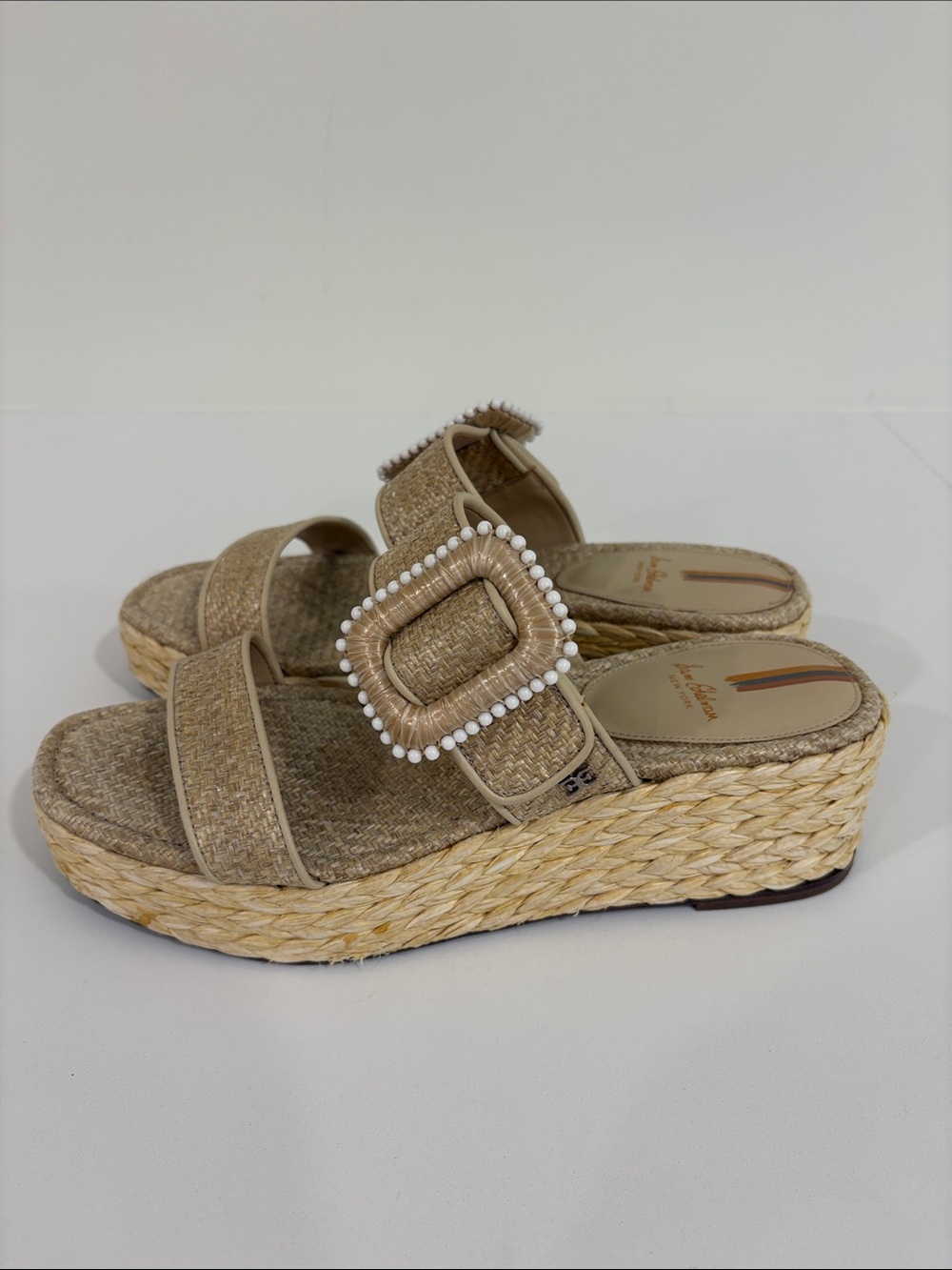 Sam Edelman Natural Raffia Platform Slides with Pearl-Trim Buckle - Picture 3 of 5